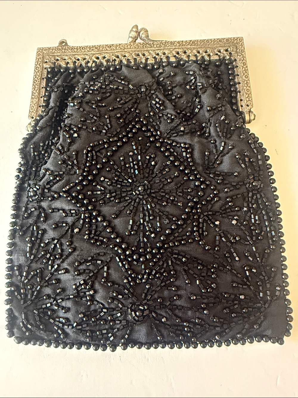 Vintage Christiana Indian Silk Black Beaded Evening Bag